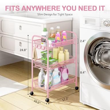 TOOLF 3 Tier Rolling Utility Cart - Durable Metal Design Pink Utility Cart, Storage Trolley on Wheels with 3 Hooks, Perfect for Kitchen, Bathroom & Laundry Room Organization - Image 6