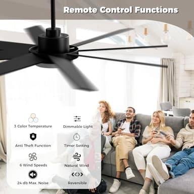 72 Inch Ceiling Fans with Lights and Remote, Outdoor Indoor Black LED Big Ceiling Fan Reversible 24db Quiet DC Motor, 6 Speed 3CCT Dimiable, Modern Ceiling Fans for Patios Living Room Farmhouse Garage - Image 3
