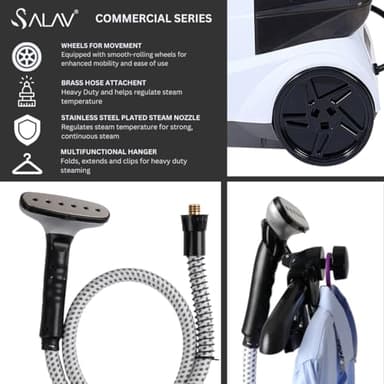 SALAV® Heavy Duty Smart Auto Shut-off Commercial Full-Size Garment Steamer, Beeping Alert when Water Runs out, Foot Pedal Control, XL 3L (101.5 oz) Tank, 1800 watts, 90+min of Continuous Steam, White - Image 8