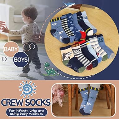 ANTSANG Baby Boys Grips Socks Kids Toddlers Infants Non Slip/Anti Skid Crew Cotton Socks 12 Pairs (Boy's-Shark(12 Pairs),3-5 Y) - Image 4