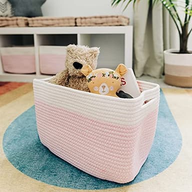 OrganiHaus Woven Storage Baskets for Organizing, Cotton Rope Organizer Bins for Shelves, Closet & Nursery, Dog Toy Basket, Decorative Bins for Toys, Towels & Books - 15x10x9, Pink/Off-White - Image 8