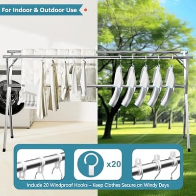 JAUREE 95 Inches Clothes Drying Rack, Drying Rack Clothing Folding Indoor Outdoor, Heavy Duty Stainless Steel Laundry Rack, Foldable Portable Large Clothes Rack Garment Rack with 20 Windproof Hooks - Image 4