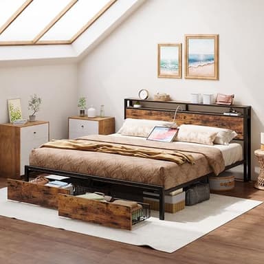 LIKIMIO California King Bed Frame with Storage Headboard, Platform Bed with Drawers and Charging Station, No Box Spring Needed, Easy Assembly, Vintage Brown - Image 8