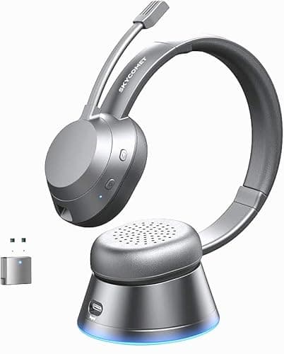 SKYCOMET Wireless Headset with Mic for Work, Bluetooth Headset with Microphone (Noise Cancellation), Wireless Headphones with USB Dongle & Charging Dock(Sliver)