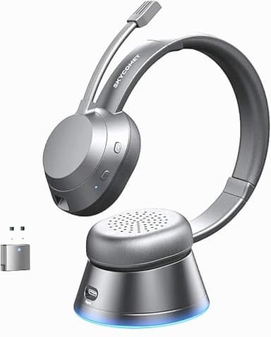 SKYCOMET Wireless Headset with Mic for Work, Bluetooth Headset with Microphone (Noise Cancellation), Wireless Headphones with USB Dongle & Charging Dock(Sliver)