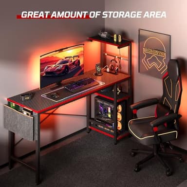 Bestier Gaming Desk with Power Outlets, 61 Inch Large Led Gamer Desk with 4 Tiers Reversible Shelves, PC Gaming Table with Headset Hook & Side Storage Bag for Bedroom (Black 3D Carbon Fiber) - Image 5