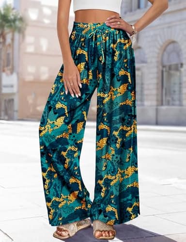 YESNO Women Summer Boho Palazzo Pants High Waist Wide Leg Floral Casual Cotton Lounge Trousers with Pockets XL PP0 CR438 - Image 3