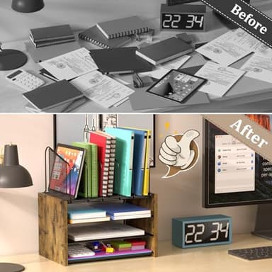 4-Tier Desk Organizer, Desk File Organizer with 5 Vertical File Holders, Office Desktop Organizer with 3 Level Paper Organizer Letter Tray, Wooden Desk Organizers and Accessories for Home Office - Image 5