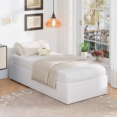 Upcanso 16 Inch Twin Bed Frames with White Skirt Cover, Metal Twin Size Bed Frame with Storage, Heavy Duty, No Box Spring Needed, Easy Assembly, Noise Free, Mattress Foundation - Image 3