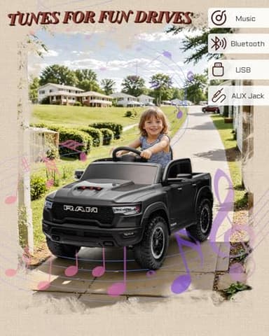 First Ride On 12V Licensed Ram 1500 Ride on Toy for Kids, Toddler Ride on Pickup Truck with Parent Remote Control, Electric Car for Kids with Truck Bed Storage, 3 Point Safety Belt (Black) - Image 5