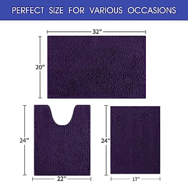 Striped Eggplant Purple Bathroom Rug Set 3 Pieces Ultra Soft, Non Slip Chenille Bath Carpet, Absorbent Plush Shaggy Bath Mats for Bathroom, Toilet, Bedroom, Kitchen - Image 2