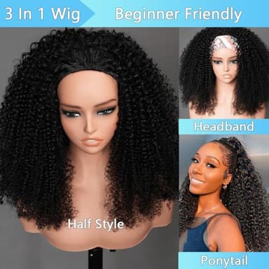 QUANDIAN Kinky Curly Half Wig Human Hair 200% Density Wear Go Glueless Wigs Human Hair 20 Inch Curly 3 In 1 Half Wigs for Women Drawstring Seamless Flip Headband Wig Beginner Friendly - Image 2