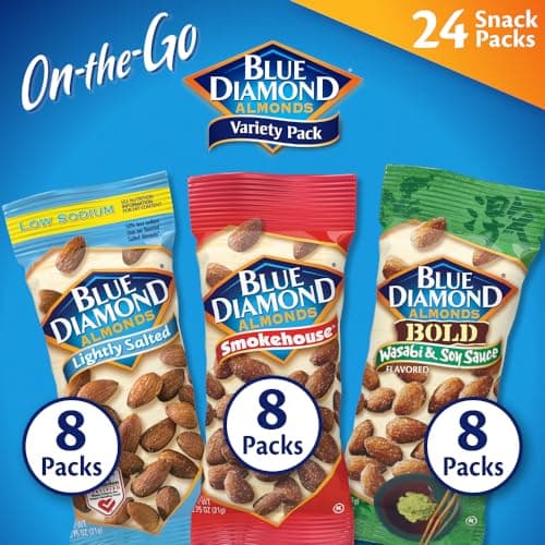 Blue Diamond Almonds Snack Nut Variety Pack for Kids, Office, School, On-the-go, 0.75 oz Gluten Free Individual Packs, Wasabi & Soy Sauce, Lightly Salted, and Smokehouse (Pack of 6,144 Count Total) - Image 1