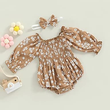 COORALLY 2pcs Baby Girl Smocked Bubble Romper Newborn Long Sleeve Off Shoulder Flowers Printed Ruffle Jumpsuit (A-Yellow, 12-18 Months) - Image 5