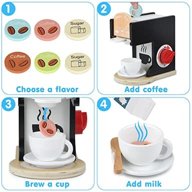 Play Kitchen Accessories Kids Wooden Coffee Maker Toy Espresso Machine Toddler Toy Kitchen Sets for Girls and Boys (Coffee Maker) (Black) - Image 6