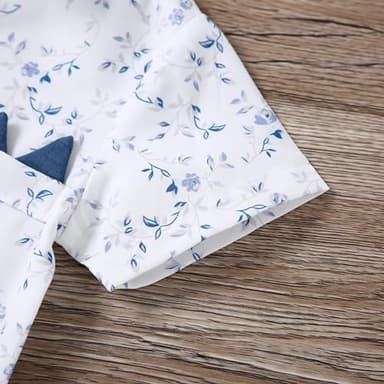 YALLET Toddler Baby Boy Clothes Suit Gentleman Wedding Outfits, Formal Dress Shirt+Bowtie+Suspender Pants(Blue Print, 3-4T) - Image 7