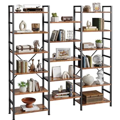 SUPERJARE Triple 6 Tier Bookshelf, Bookcase with 17 Open Display Shelves, Wide Book Shelf Book Case for Home & Office, Rustic Brown - Image 9