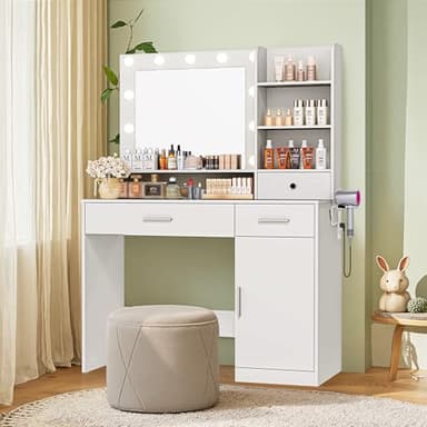 Sweetcrispy Vanity Desk with Adjustable Lighten Mirror & Power Outlet, Makeup Desk for Bedroom with a Storage Cabinet and 3 Drawers, 4 Storage Shelves, White Dresser for Girls - Image 6