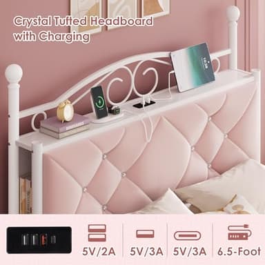 Full Upholstered Canopy Bed Frame with 2 Drawers & Crystal Tufted Storage Headboard Two-Purpose Metal Platform Bed with 4 Removable Posts & Charging Station Pink Princess Bed, Curtain Not Included - Image 4
