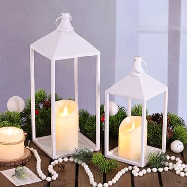 MATAHUM 2pcs Wedding Lanterns Decorative with LED Flameless Candle - White Vintage Farmhouse Metal Decorative Candle Lanterns for Wedding, Fireplace, Table Centerpiece, Indoor, Room, Valentine Decor - Image 4