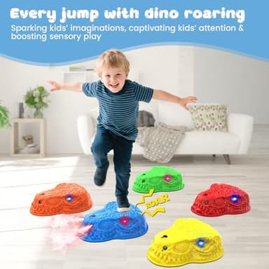 Dinosaur Toys for Kids 3-5, Mist Spraying Dino Roaring & Light up Stepping Stones for Kids, Indoor & Outdoor Durable Non-Slip Sensory Balance Stones with 5 Rechargeable Batteries, Gift for Toddlers - Image 2