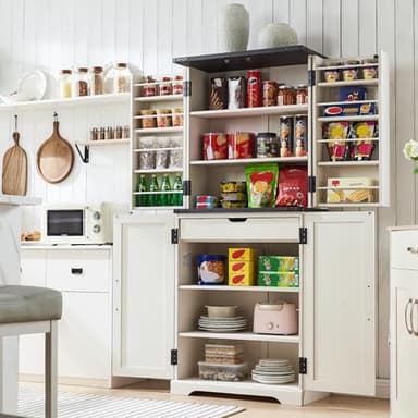 ACCOHOHO 72" Tall Kitchen Pantry, Farmhouse Storage Cabinet with Barn Doors, Organizer, Drawer and Adjustable Shelves, Rustic Wood Cupboard for Kitchen, Dining Room, Bathroom, Off White - Image 3