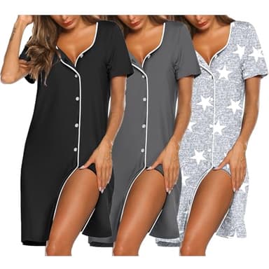 Ekouaer Nightgowns for Women 3 Pack Sleep Shirts Button Down Pajama Dress Short Sleeve Nightshirt Sleepwear Nightdress Black/Grey/Light Grey Star Large - Image 1