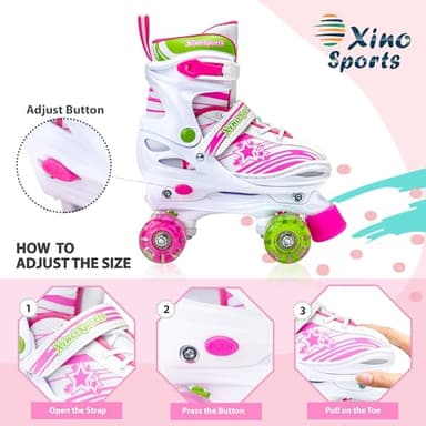 Xino Sports Adjustable Roller Skates for Girls - Fun Illuminating LED Light-Up Wheels, Comfortable Design for Indoor & Outdoor Use (Pink, Large 5-8) - Image 4