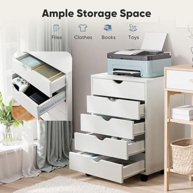 OLIXIS 5 Drawer Mobile File Cabinet Under Desk Storage Organization with Wheels Vertical Filing Chest Rolling Wood Small Desk Printer Stand for Home Office, 15.75"D x 18.74"W x 25.39"H, White - Image 4