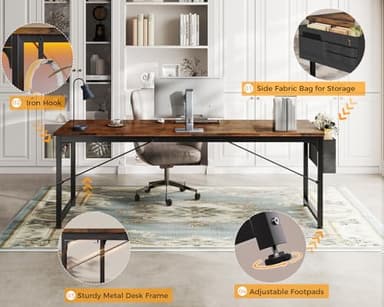 ODK 71 Inch Large Computer Desk Home Office Desk, Long Modern PC Desk Work Table with Headphone Hook & Fabric Bag for Storage, Spliced Board, Rustic Brown - Image 6