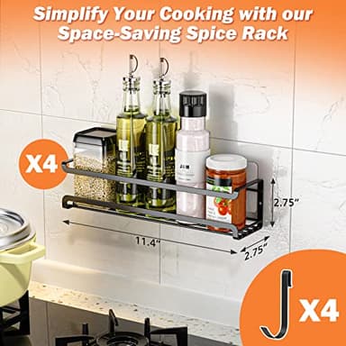 Bunoxea Spice Rack Wall Mounted 4 Pack,Space-Saving Spice Organizer for Spice Jars and Seasonings,Screw or Adhesive Hanging Spice Rack Organizer for Your Kitchen Cabinet,Pantry Door,11.41x2.75x2.75in - Image 2