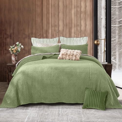 SHALALA Velvet Quilt Queen Size,Vertical Striped Bedding Set,Lightweight Velvet Comforter,Luxurious Cozy Bedspread and Coverlet with Soft Brushed Microfiber(Sage Green,Full/Queen) - Image 1