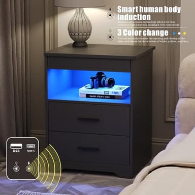 Night Stand Set of 2, Charging Bedside Table with USB & Type-C Port, LED Night Stand with Human Sensor Light, Modern End Table with Gun Drawers for Bedroom Office, Grey - Image 5