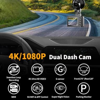 Dash Cam Front and Rear: 4K Dual Channel Dash Cam - 5GHz WiFi, Dash Camera for Cars with 64GB Card, 2" IPS, App Control, G-Sensor, Loop Recording, 170° Wide Angle, Night Vision, 24H Parking Mode - Image 2