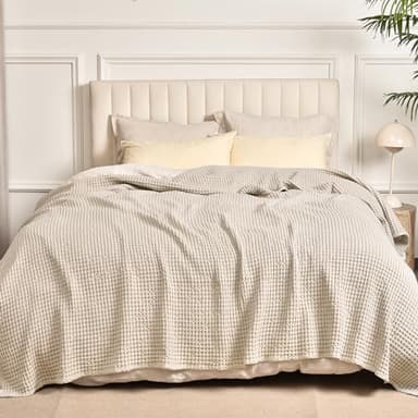 PHF 480GSM 100% Washed Cotton Waffle Weave Blanket, Cozy Breathable Skin-Friendly Throw Queen Size for All Season,Luxury Fall Layer Bedspread for Couch Bed Sofa,Elegant Home Decor,Natural,90"x90" - Image 5