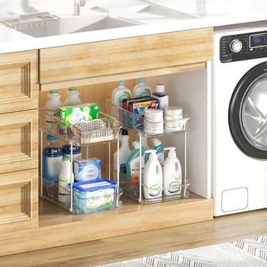 Delamu 2-Tier Under Sink Organizers and Storage, Multi-Purpose Stackable Bathroom Cabinet organizers, Pull Out Kitchen Pantry Organization and Storage with Dividers(4 Pack, Clear) - Image 7