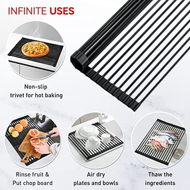 MERRYBOX 20.5" x 13" Roll Up Dish Drying Rack Silicone Wrapped Over The Sink Dish Drying Rack Multipurpose Foldable Sink Drying Mat, Heat-Resistant & Anti-Rust Dish Rack for Kitchen Sink, Large, Black - Image 6