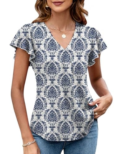LOMON Summer Dressy Tops for Women 2025 Casual Cute Flutter Sleeve T-Shirts Ladies Trendy Ruffle Short Sleeve Loose V-Neck Peplum Blouses (Blue Ethnic,Medium) - Image 1