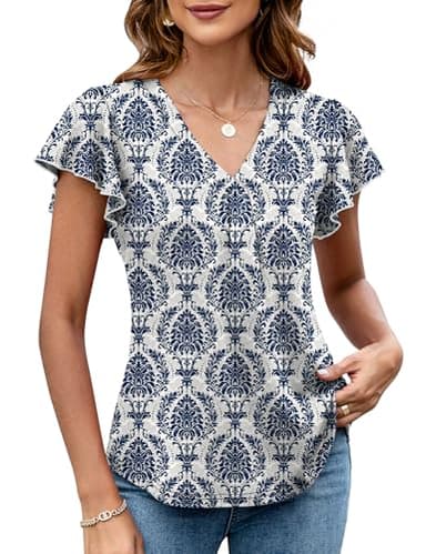 LOMON Summer Dressy Tops for Women 2025 Casual Cute Flutter Sleeve T-Shirts Ladies Trendy Ruffle Short Sleeve Loose V-Neck Peplum Blouses (Blue Ethnic,Medium) - Image 1