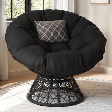 Yaheetech Indoor Papasan Chairs with Thick Tufted Cushions and Frame, Swivel Wicker Ergonomic Lounge Reading Chairs for Living Room/Bedroom, Black - Image 1