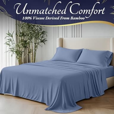 DECOLURE 100% Viscose Derived from Bamboo Sheets King Size 4pcs - Ultra Soft & Luxuriously Cooling, 17" Deep Pocket, Double Stitching, Perfect for Hot Sleepers - King Bed Sheets (Light Blue) - Image 2