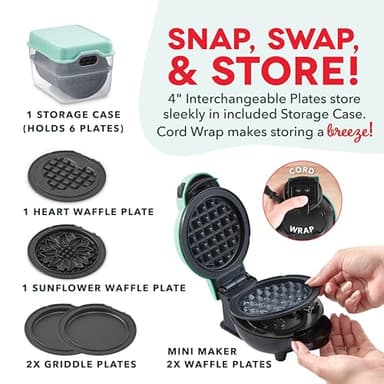 DASH Multimaker Mini System - Waffle Maker with Six 4” Removable Plates & Storage Case: Waffle Iron & Griddle, 4-in-1 Mini Waffle Maker for Kids and Families – Nonstick Surface, Just Add Batter (Aqua) - Image 6