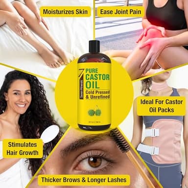 Pure Cold Pressed Castor Oil - Big 32 fl oz Bottle - Unrefined & Hexane Free - 100% Pure Castor Oil for Hair Growth, Thicker Eyelashes & Eyebrows, Dry Skin, Healing, Hair Care, Joint and Muscle Pain - Image 2