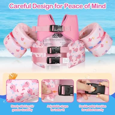 MoKo Toddler Swim Vest for Kids, Swim Arm Floaties 22-66lbs Cartoon Swimming Water Wings Pool Float Vests Sleeves Shoulder Straps Arm Band for Children Learn to Swim, Pink & Whale - Image 2