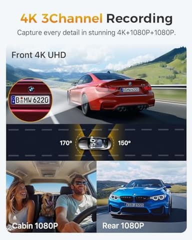 GKU 4K 3 Channel Dash Cam, 5.8GHz WiFi Built-in GPS, 4K+1080P+1080P Dash Cam Front and Rear Inside, 64GB Card Inserted, 24H Park Mode, Triple Car Camera 3 Inch Screen - Image 2