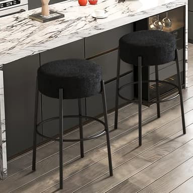 SoarFlash Modern Rotatable Bar Stools Set of 2, 30" Sherpa Swivel Counter Height Stools with Round Soft Padded Boucle Backless Seat, Black - Image 1