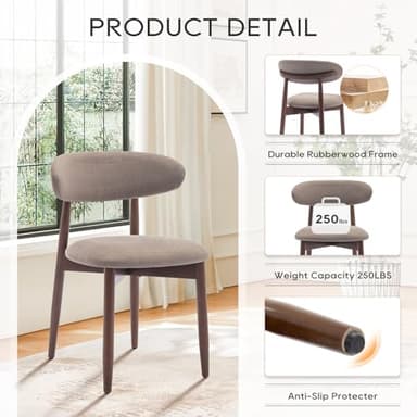 COLAMY Wooden Dining Chairs Set of 2, Modern Fabric Upholstered Kitchen Chairs, Farmhouse Dining Room Chair with Foot Pegs, Camel - Image 5