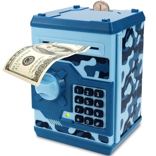 Qwifyu Piggy Bank for Boys Girls, 4 5 6 7 8 9 10 Year Old Girl Boy Birthday Gift Ideas, Electronic Password Money Saving Box ATM, Great Gift Safe Bank Toys for Kids (Camouflage Blue) - Image 1