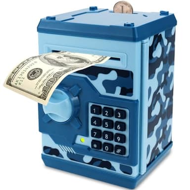 Qwifyu Piggy Bank for Boys Girls, 4 5 6 7 8 9 10 Year Old Girl Boy Birthday Gift Ideas, Electronic Password Money Saving Box ATM, Great Gift Safe Bank Toys for Kids (Camouflage Blue) - Image 1
