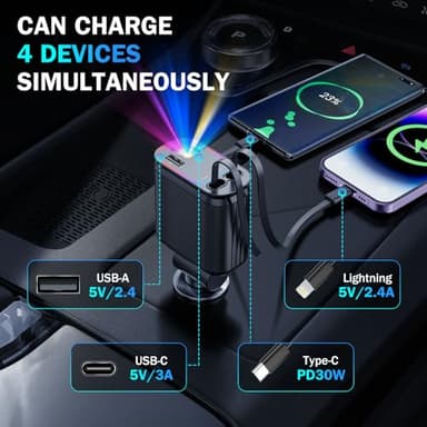 4 in 1 Retractable Car Chargers with Starlight, 66W USB C Fast Car Charger Adapter with 2 USB Ports for All iPhone 15/14/13/12/11 and for All Android (Black - RedLight) - Image 4